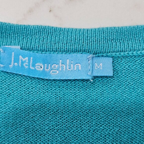 J. Mclaughlin Sweater Medium Knit Top Scalloped Hem Turquoise Cotton Cashmere - Picture 6 of 10